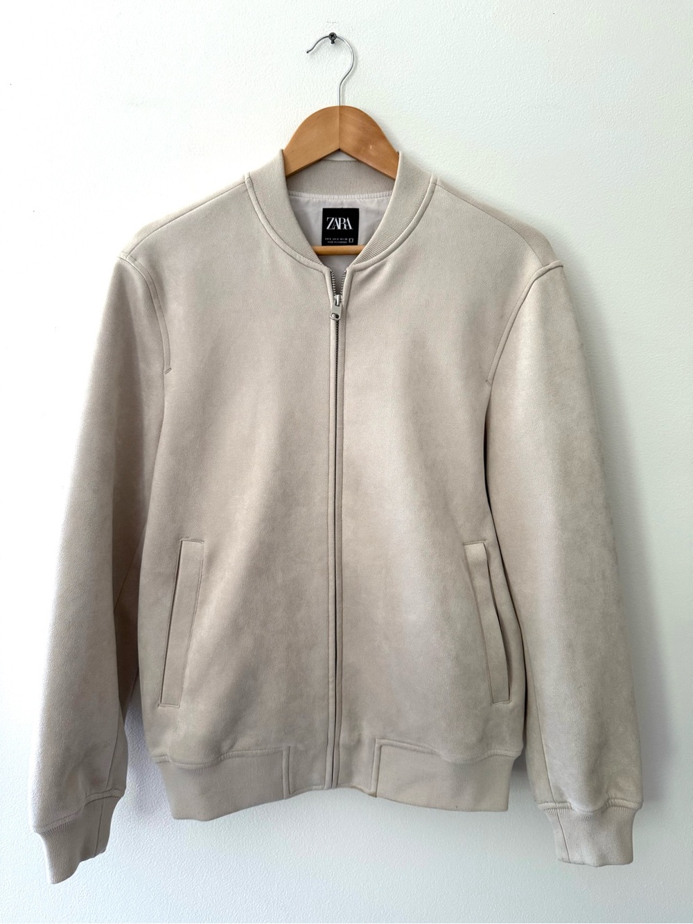 ZARA Man Faux Suede Bomber Jacket S Beige Stone Tan Minimalist Aesthetic Coat - Picture 2 of 16